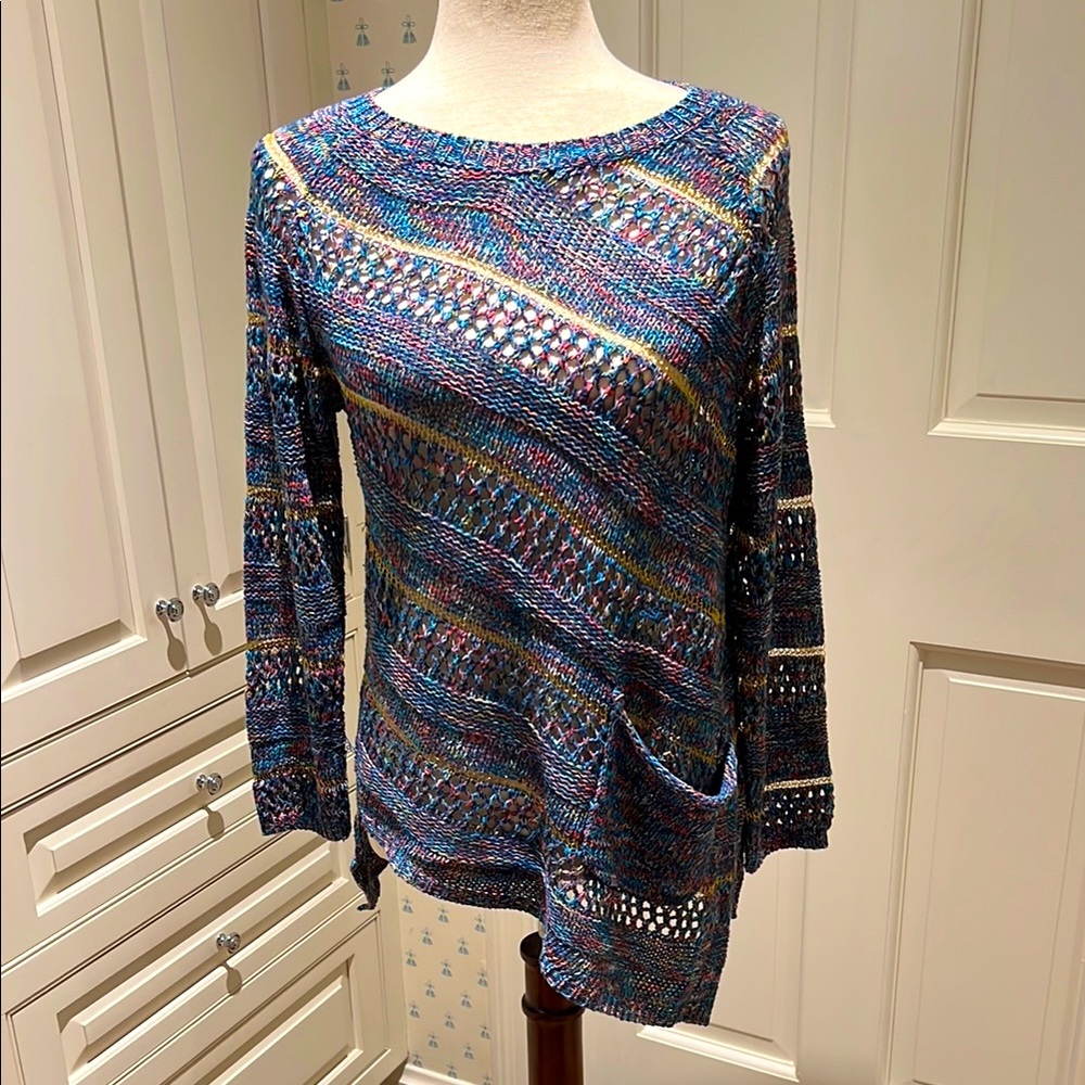 MULTI-COLORED CROCHET KNIT LONG TOP